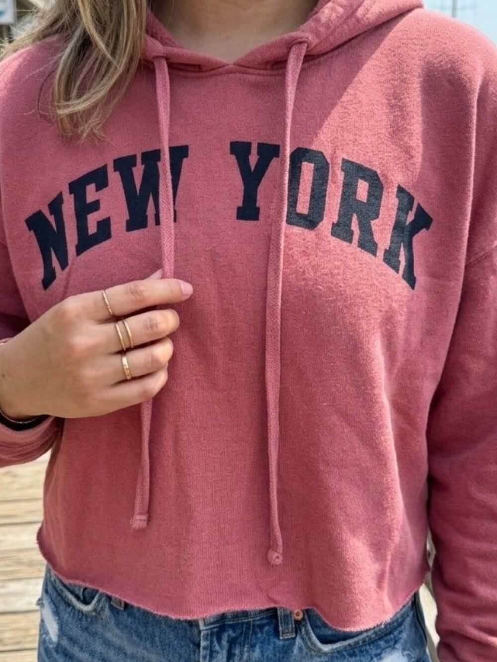 New York rose mauve pink navy print cropped/semi-cropped hoodie sweatshirt